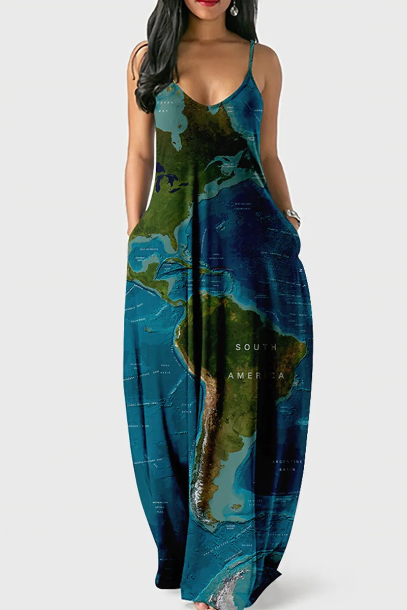 Fashion Sexy Print Backless Spaghetti Strap Long Dress