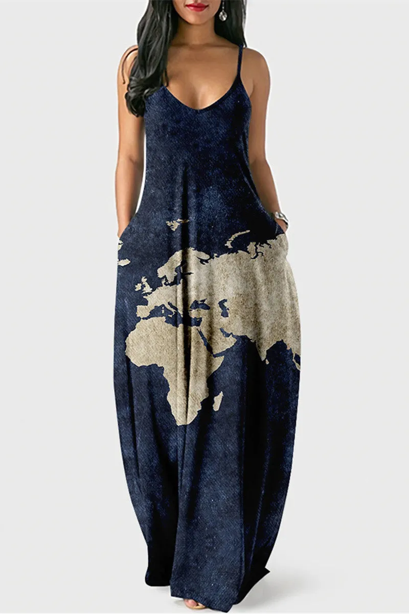 Fashion Sexy Print Backless Spaghetti Strap Long Dress