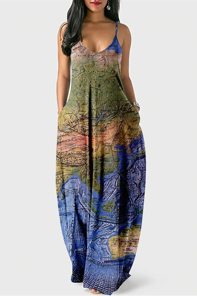 Fashion Sexy Print Backless Spaghetti Strap Long Dress