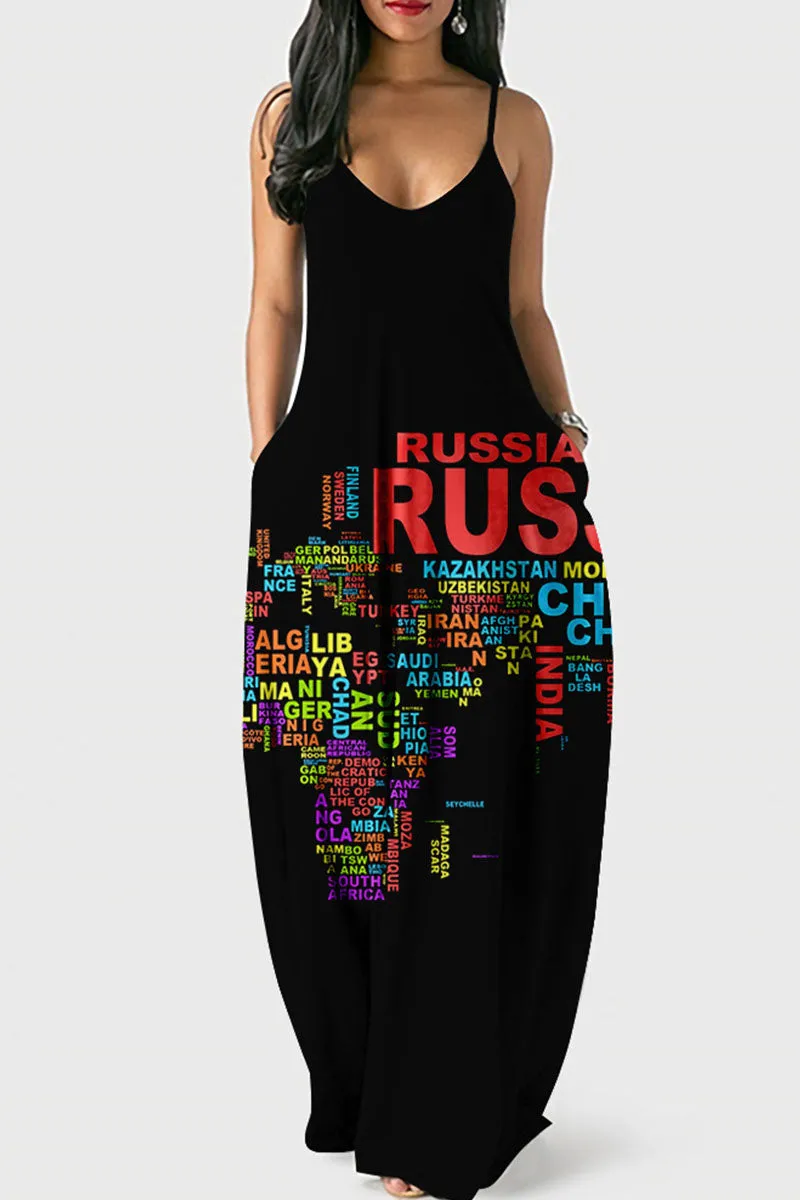 Fashion Sexy Print Backless Spaghetti Strap Long Dress