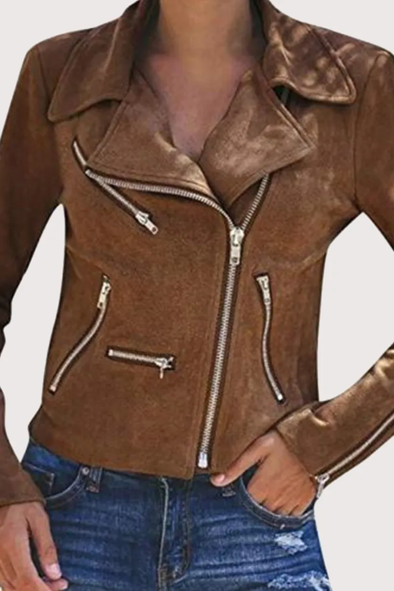 Fashion Street Classic Solid Patchwork Zipper Turndown Collar Outerwear