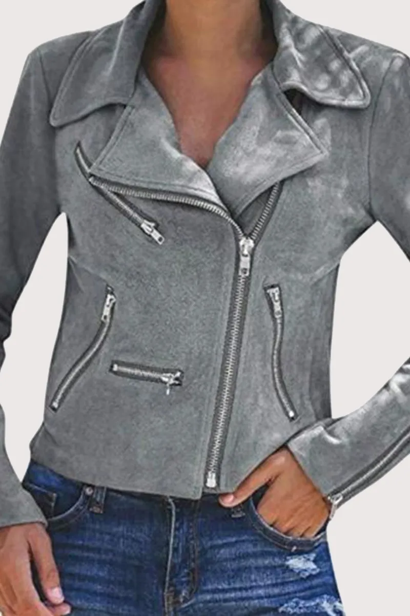 Fashion Street Classic Solid Patchwork Zipper Turndown Collar Outerwear