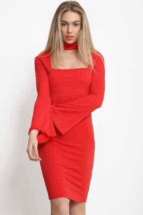 Flared Sleeve Choker Neck Dress