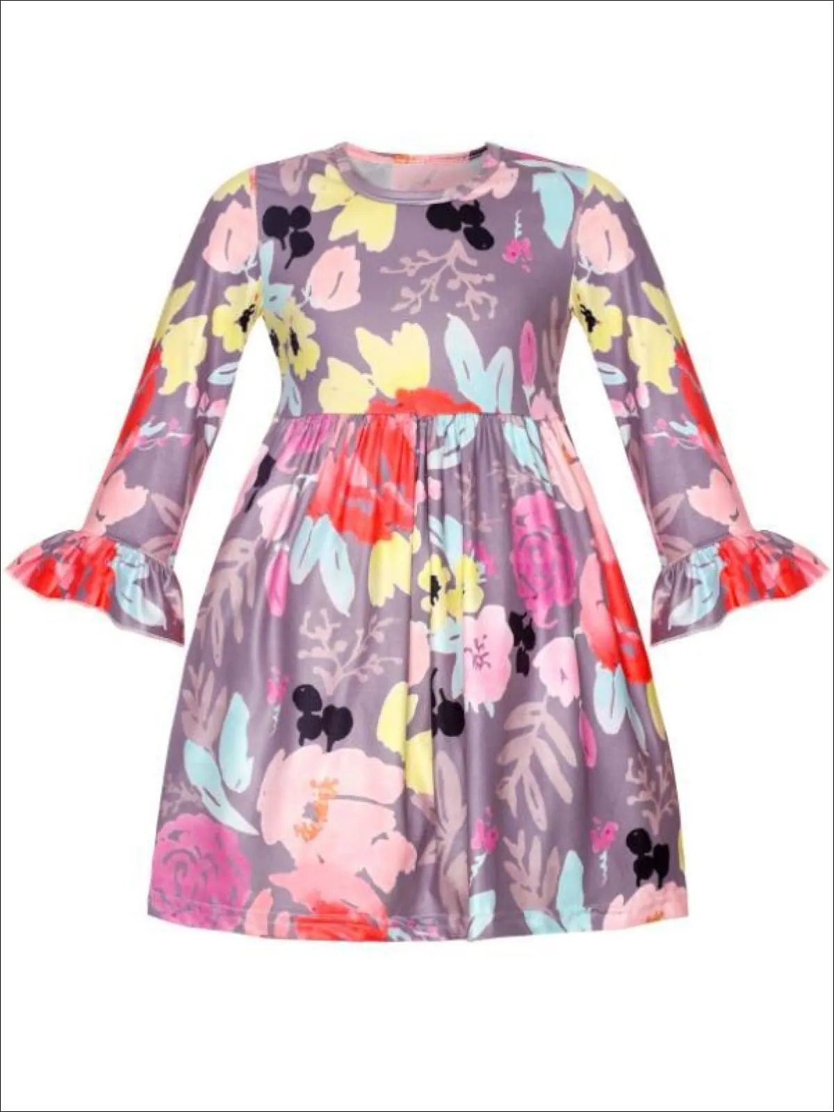Girls Floral A-Line Long Flared Sleeve Dress