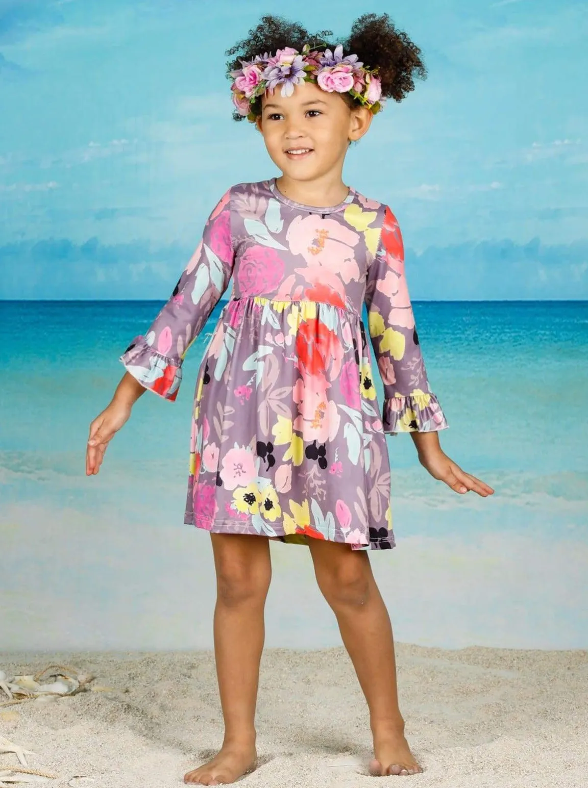 Girls Floral A-Line Long Flared Sleeve Dress