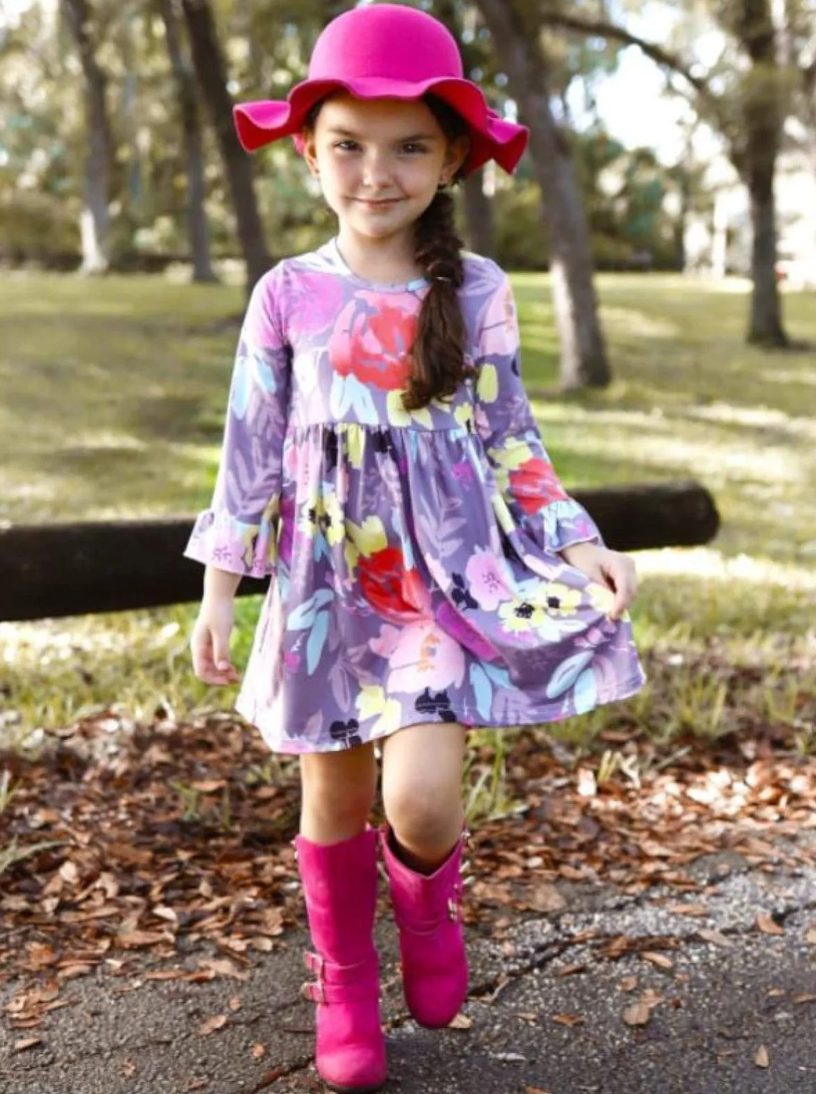 Girls Floral A-Line Long Flared Sleeve Dress