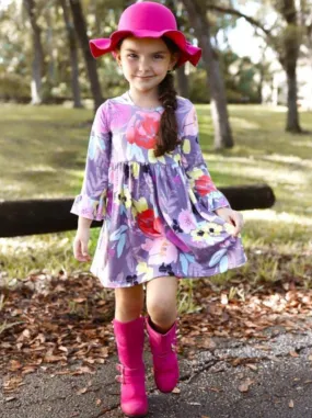 Girls Floral A-Line Long Flared Sleeve Dress