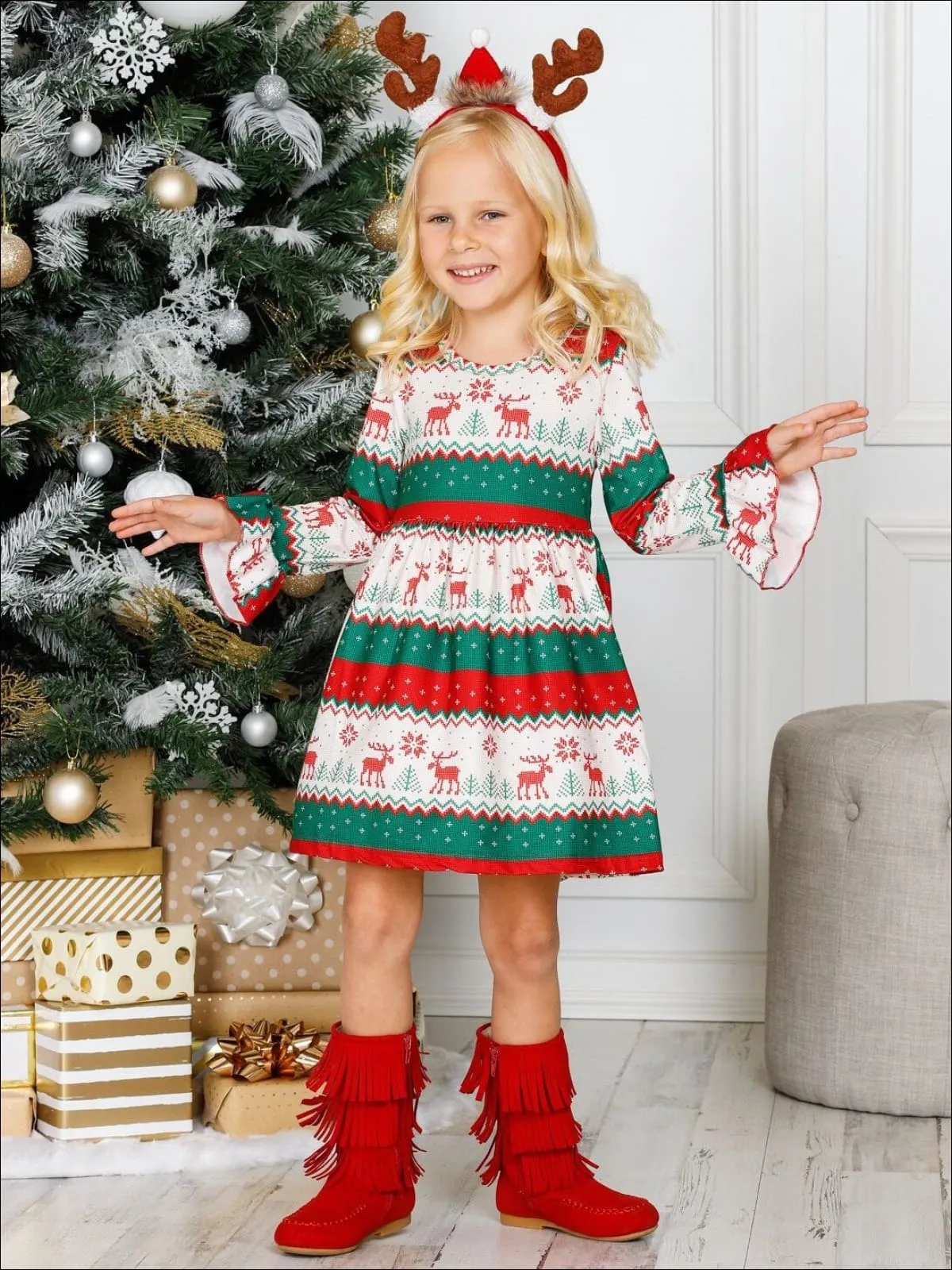 Girls Long Flared Sleeve Moose Print Dress