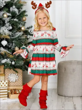 Girls Long Flared Sleeve Moose Print Dress