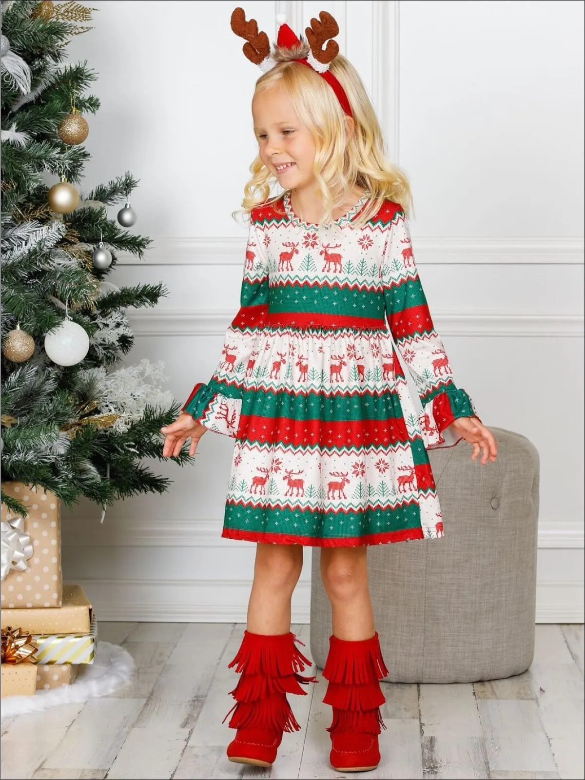Girls Long Flared Sleeve Moose Print Dress