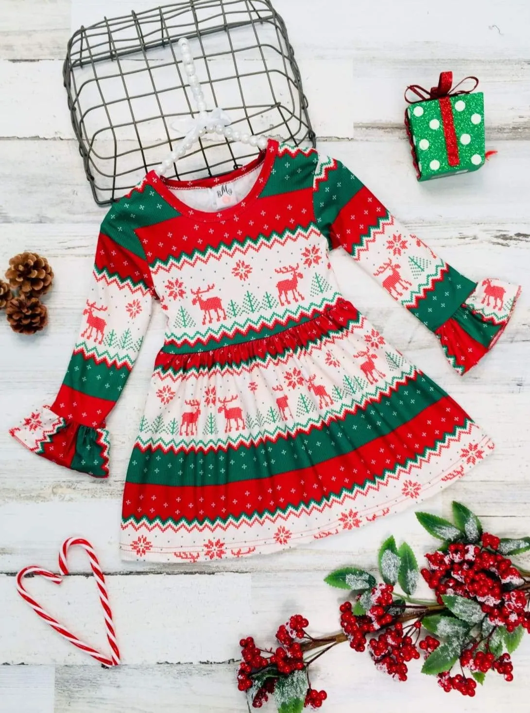 Girls Long Flared Sleeve Moose Print Dress