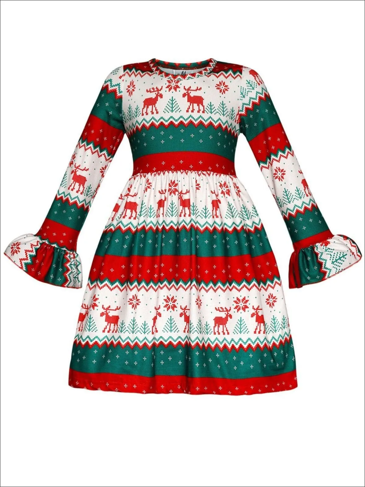 Girls Long Flared Sleeve Moose Print Dress