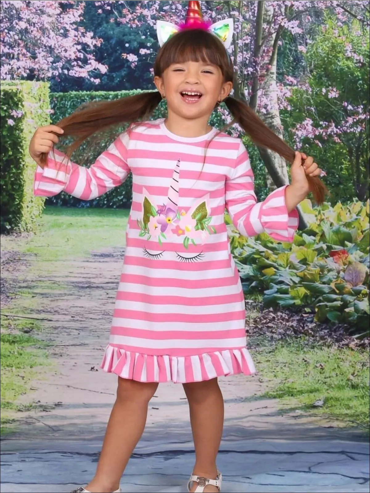 Girls Striped Unicorn Ruffled Flared Sleeve Dress
