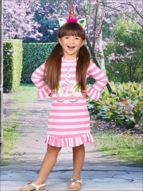 Girls Striped Unicorn Ruffled Flared Sleeve Dress