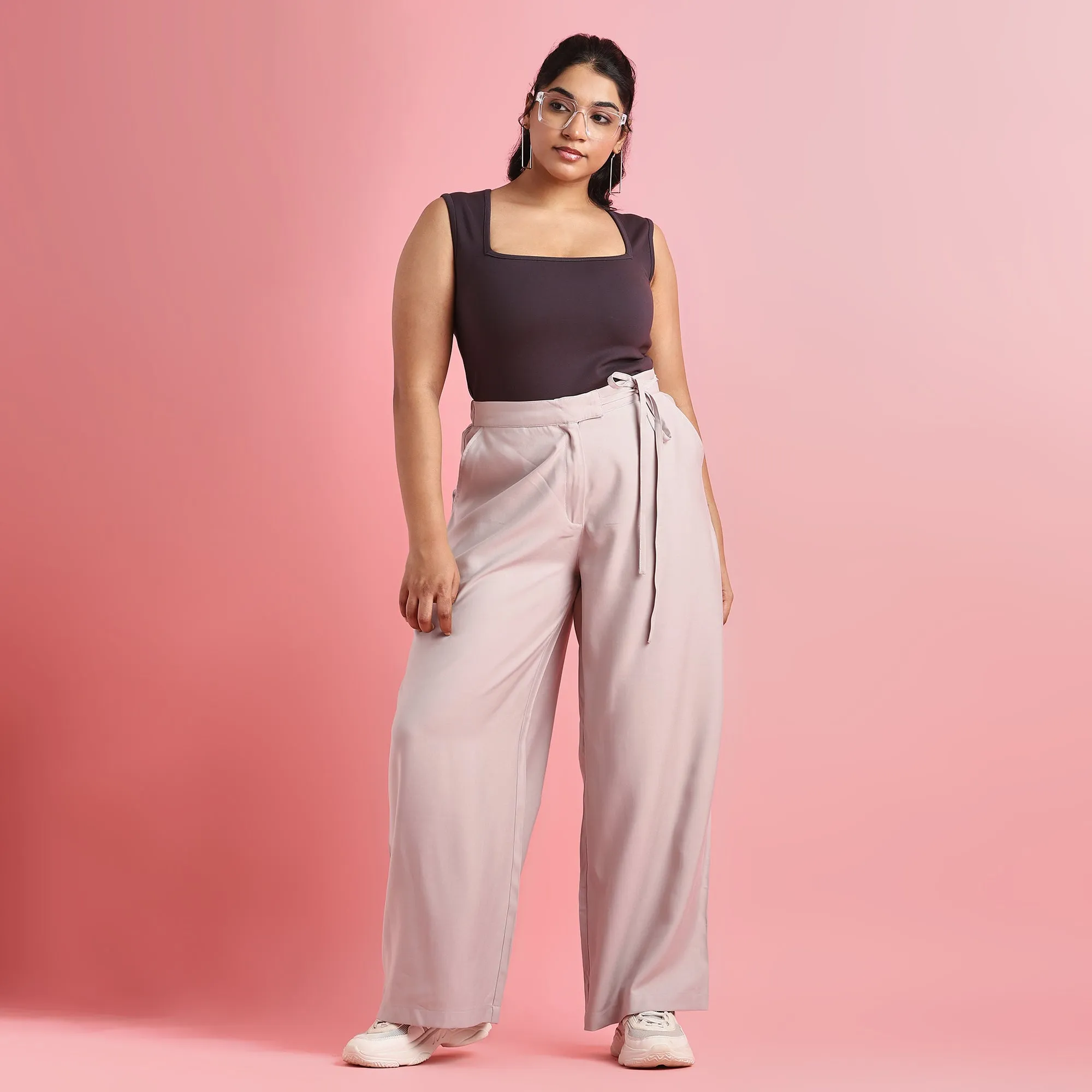 Gray Plus Size Tie-Up Wide-Leg Pants