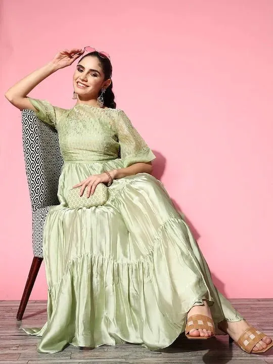 Green Satin Tiered Maxi Dress With Embroidered Jacket