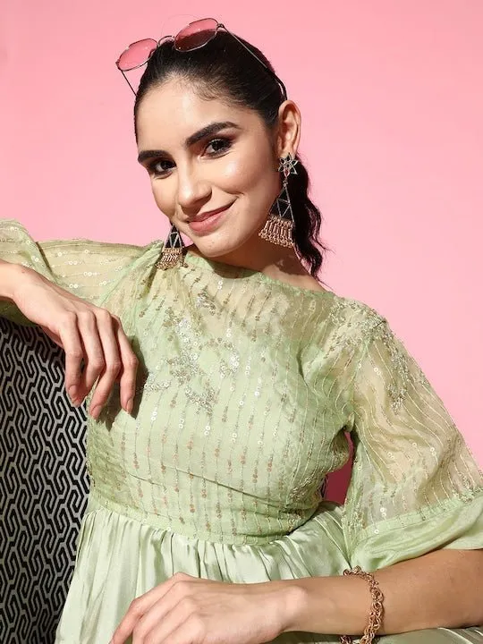 Green Satin Tiered Maxi Dress With Embroidered Jacket