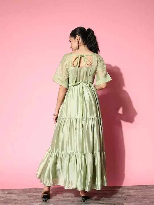 Green Satin Tiered Maxi Dress With Embroidered Jacket