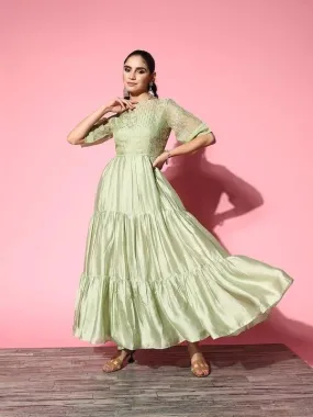Green Satin Tiered Maxi Dress With Embroidered Jacket