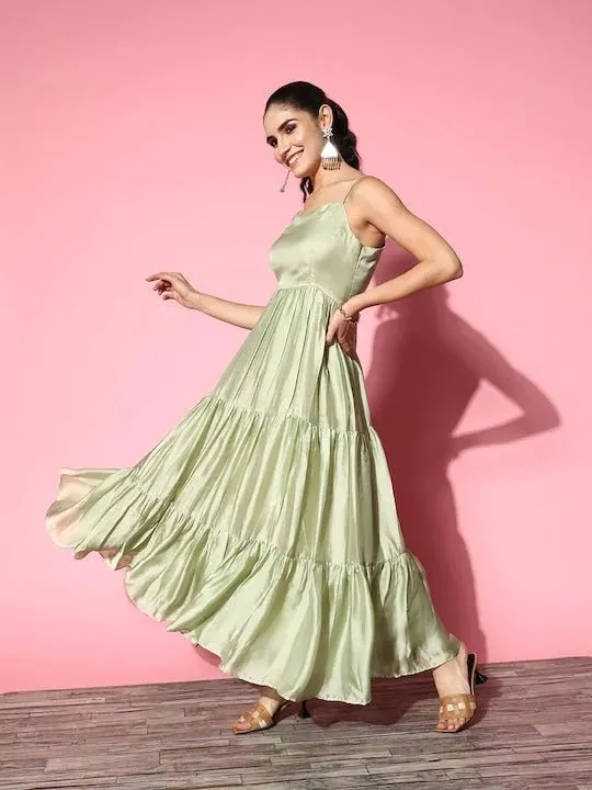 Green Satin Tiered Maxi Dress With Embroidered Jacket