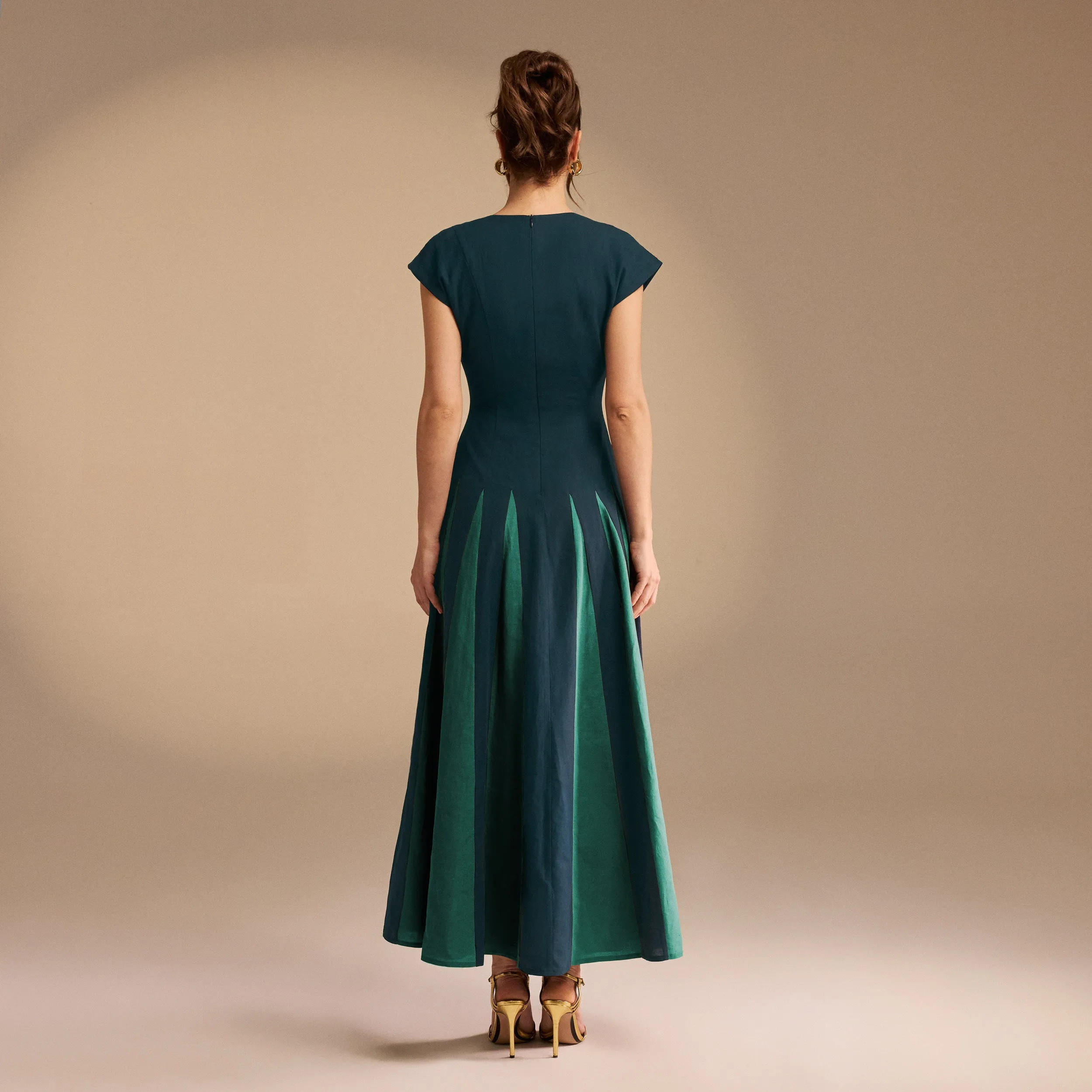 Green Soft Cap Sleeve Flared Linen Dress