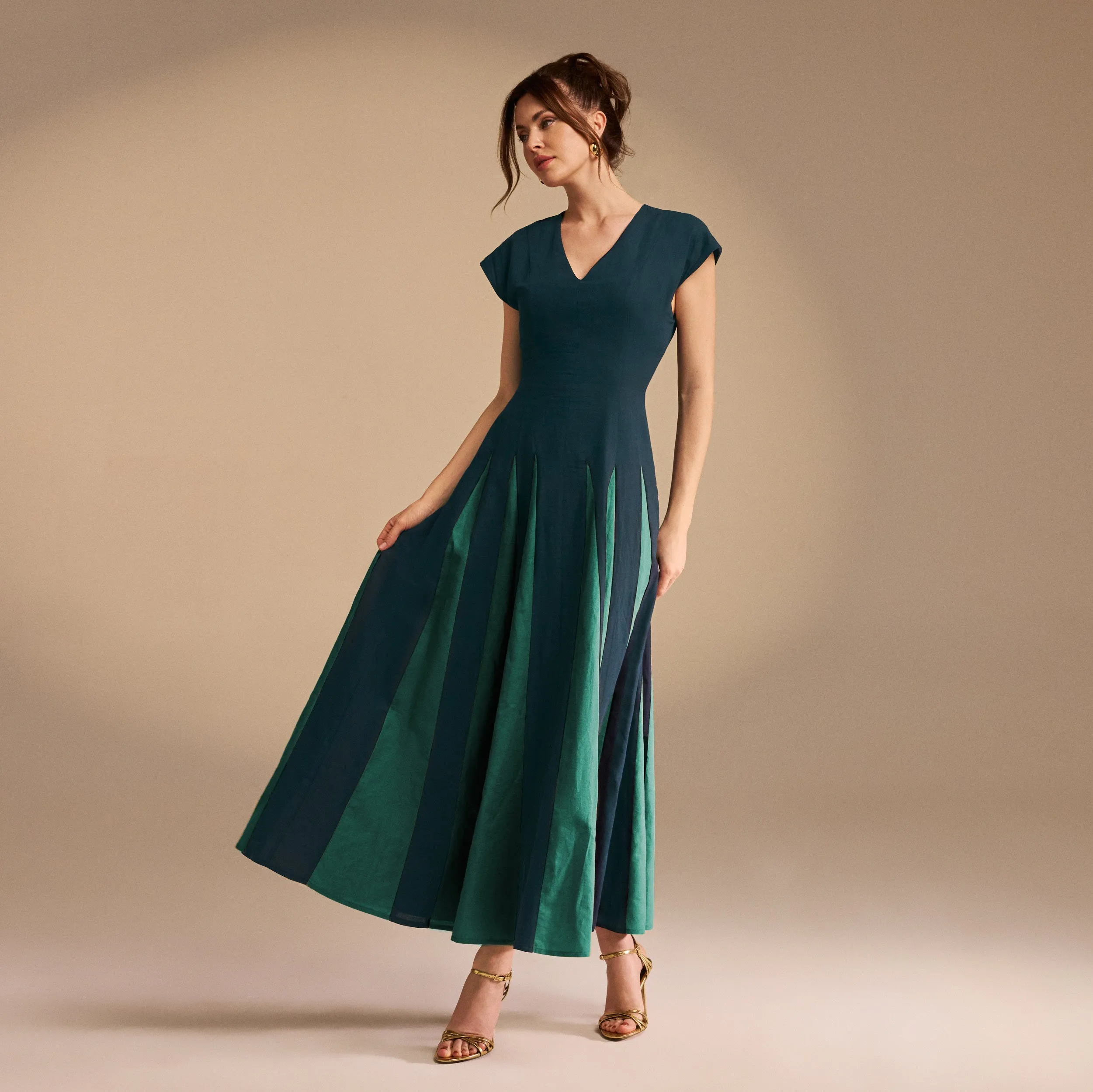 Green Soft Cap Sleeve Flared Linen Dress