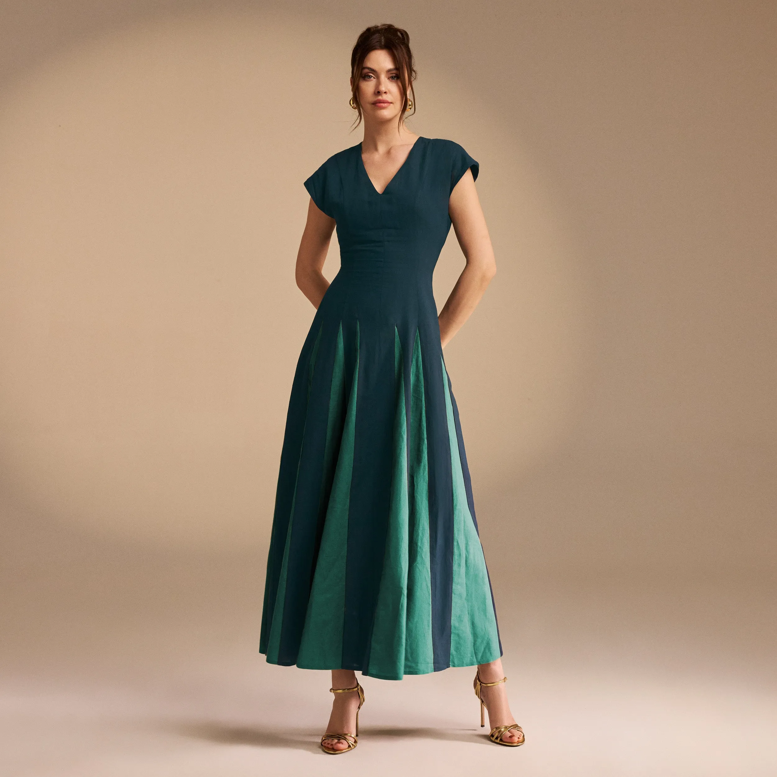 Green Soft Cap Sleeve Flared Linen Dress