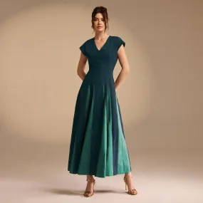 Green Soft Cap Sleeve Flared Linen Dress