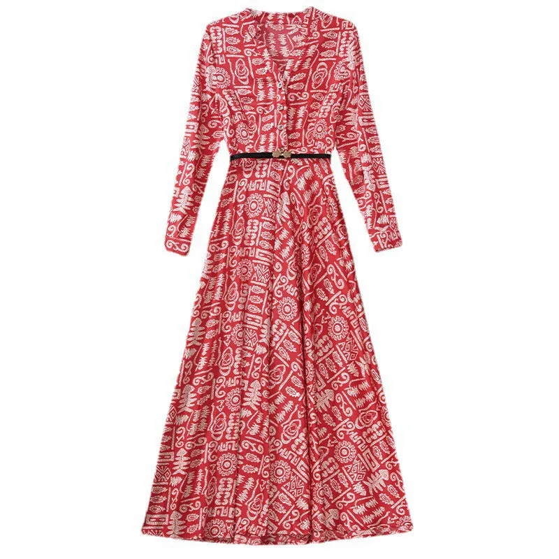 High-End Silk V-Neck A-Line Dress  Elegant Spring/Summer Satin Print Long Skirt for Women