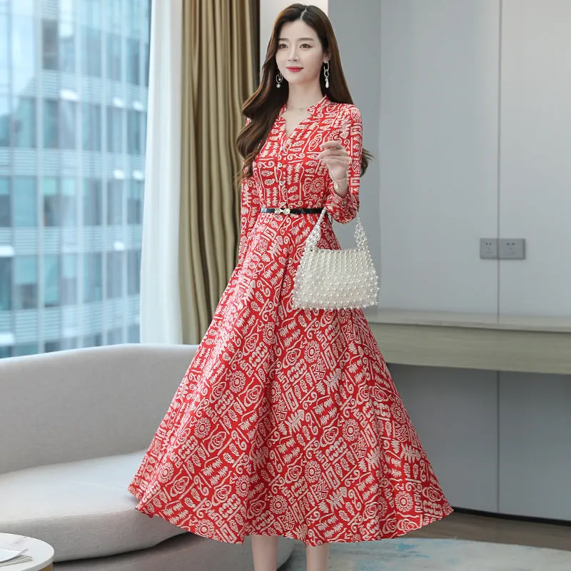High-End Silk V-Neck A-Line Dress  Elegant Spring/Summer Satin Print Long Skirt for Women