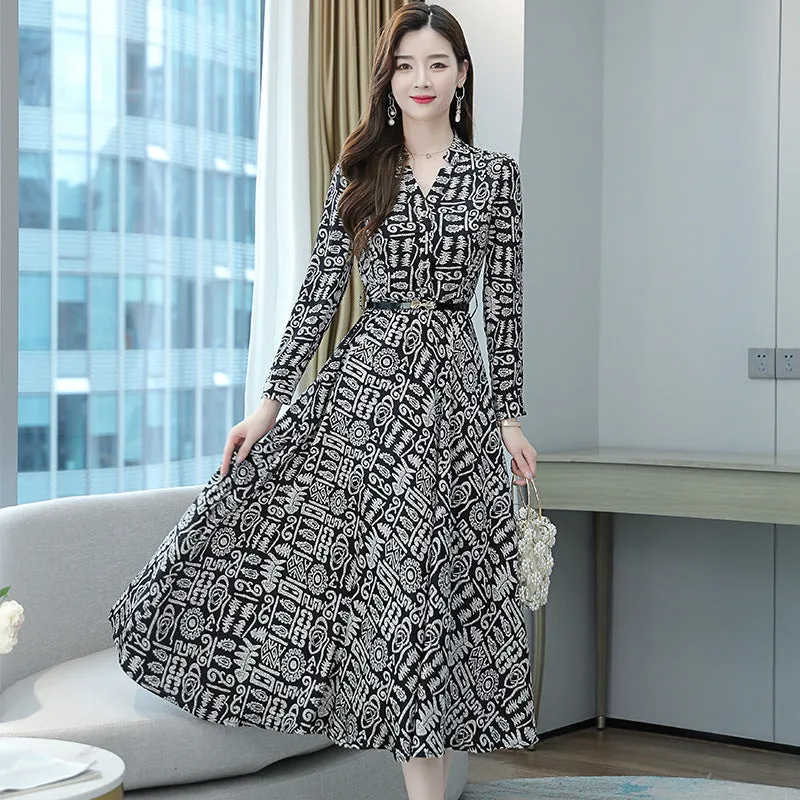 High-End Silk V-Neck A-Line Dress  Elegant Spring/Summer Satin Print Long Skirt for Women