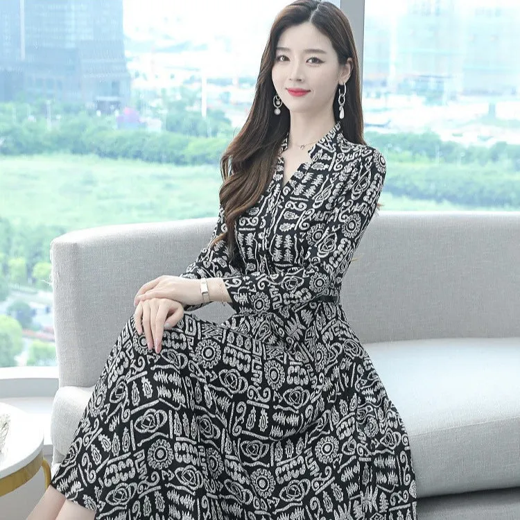 High-End Silk V-Neck A-Line Dress  Elegant Spring/Summer Satin Print Long Skirt for Women