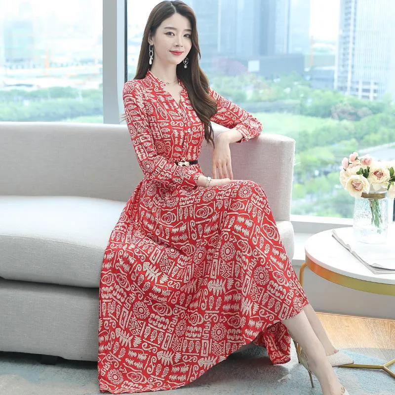 High-End Silk V-Neck A-Line Dress  Elegant Spring/Summer Satin Print Long Skirt for Women
