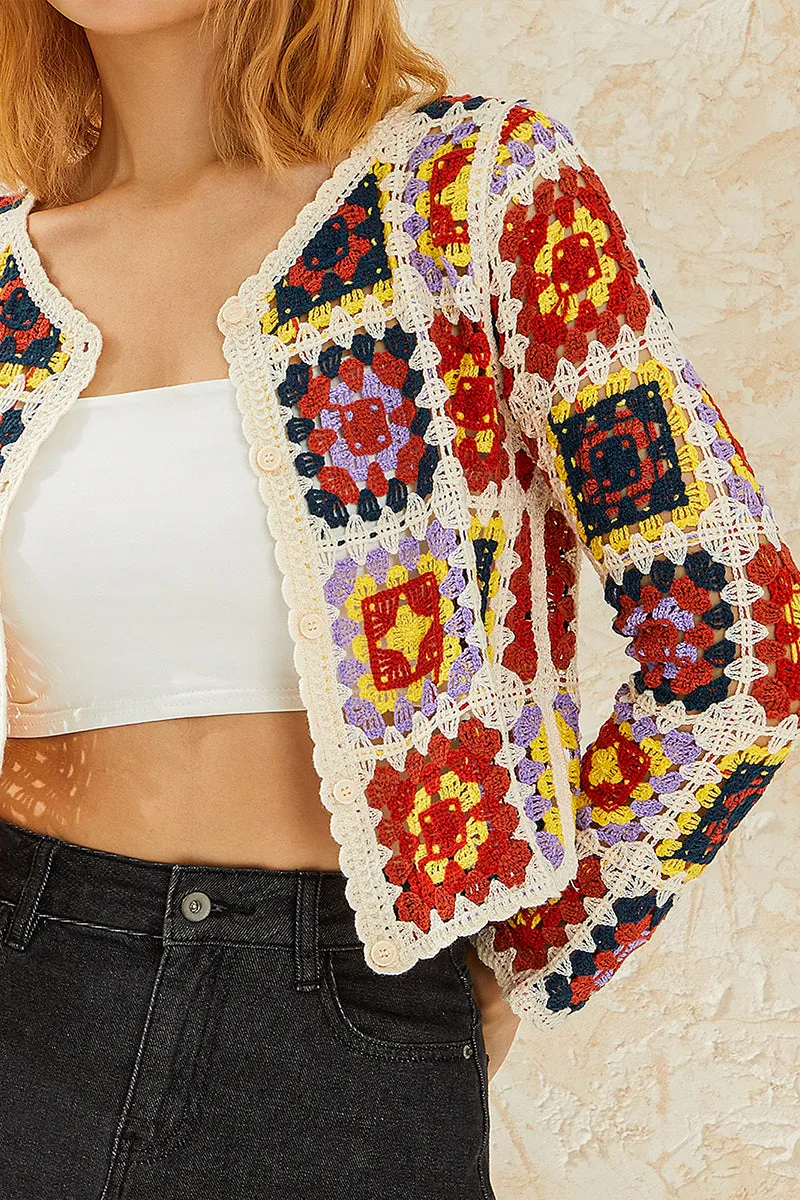 HWT1329 Retro Crochet Patchwork Cardigan
