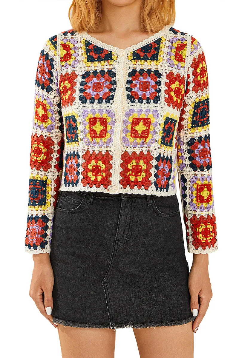 HWT1329 Retro Crochet Patchwork Cardigan