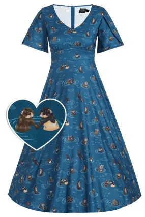Janice Teal Blue Sleeved Tea Dress In Otter Animal Print