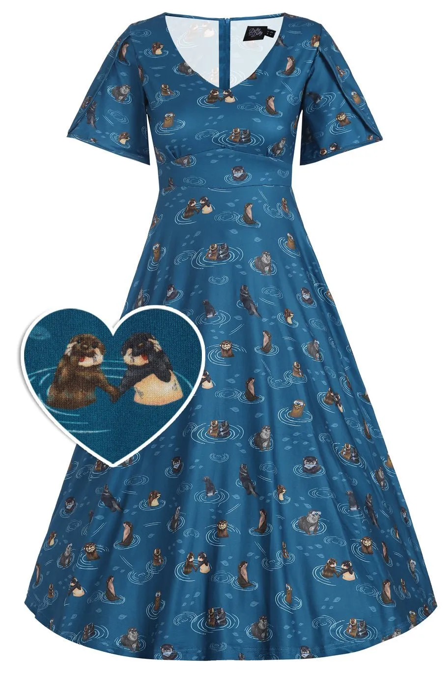 Janice Teal Blue Sleeved Tea Dress In Otter Animal Print