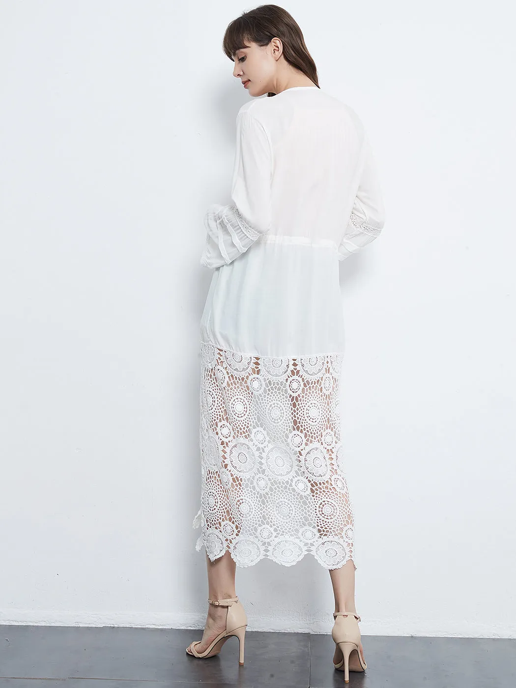 Lace Floral Crochet Embroidered Long Sleeve Drawstring Patchwork Kimono Cardigan