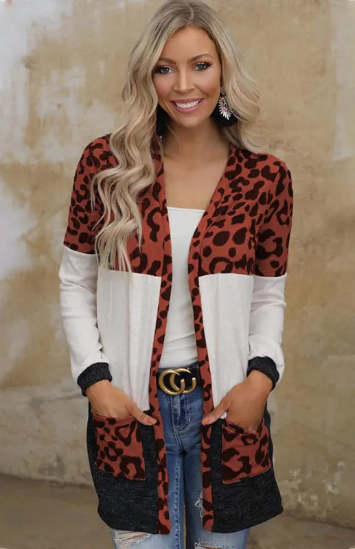 Leopard Print Patchwork Knit Cardigan