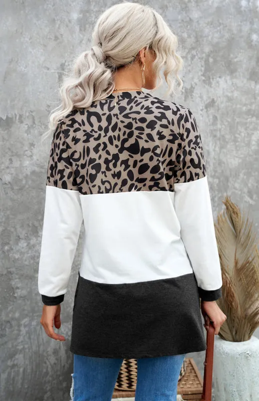 Leopard Print Patchwork Knit Cardigan