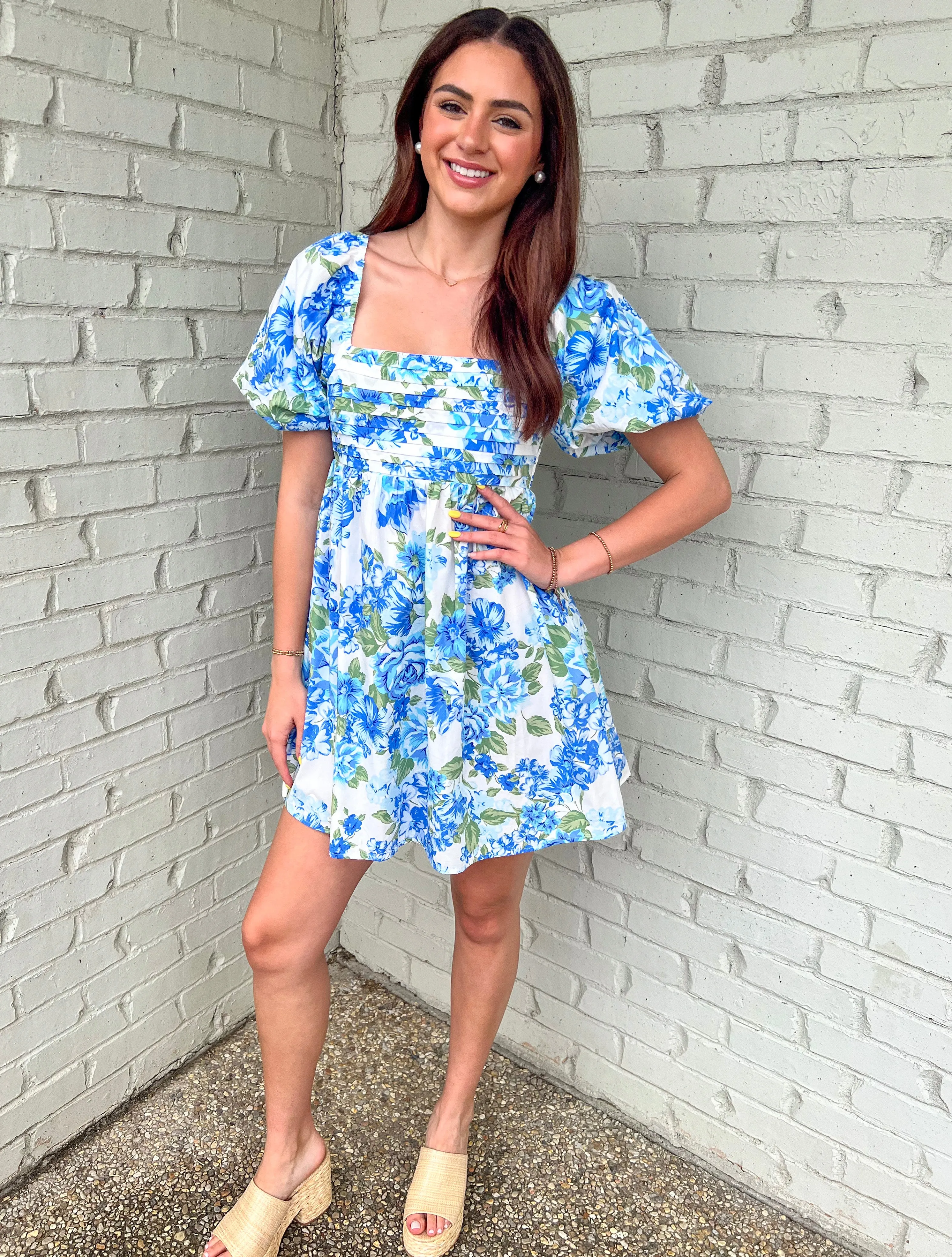 LET'S MEET UP BLUE FLORAL BABYDOLL DRESS