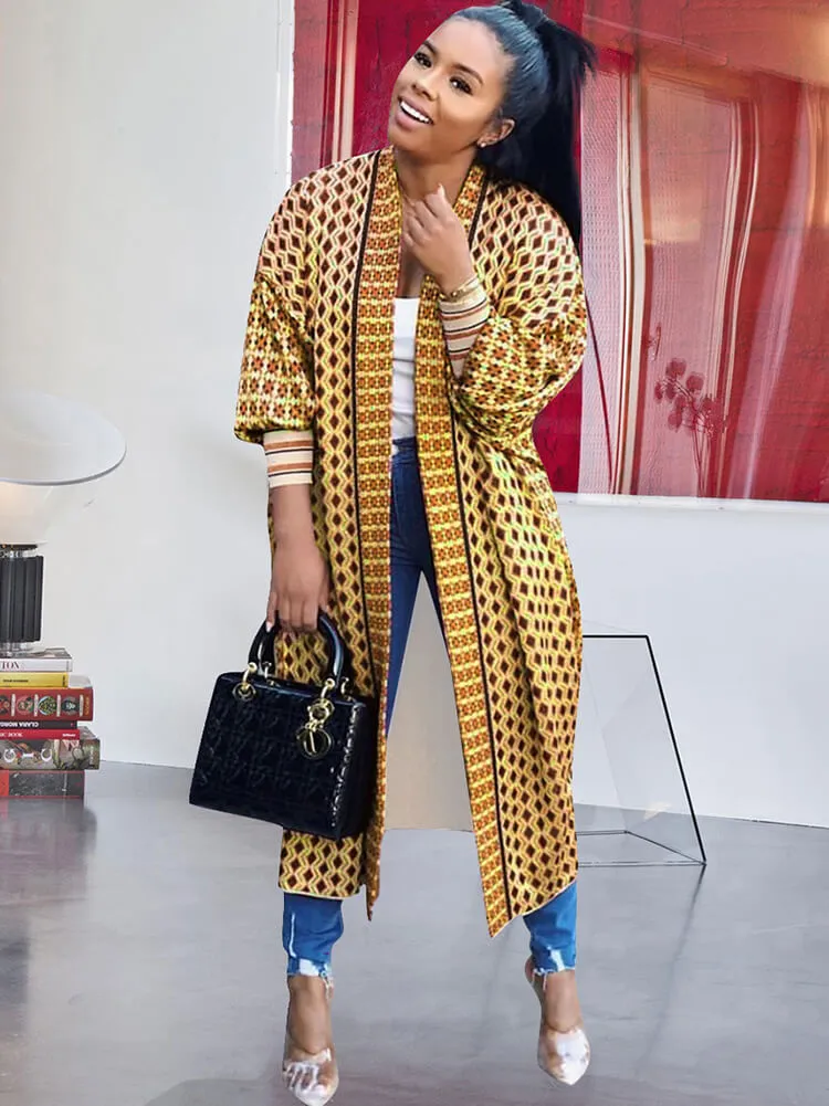 Long Sleeve Printed Color Block Cardigan
