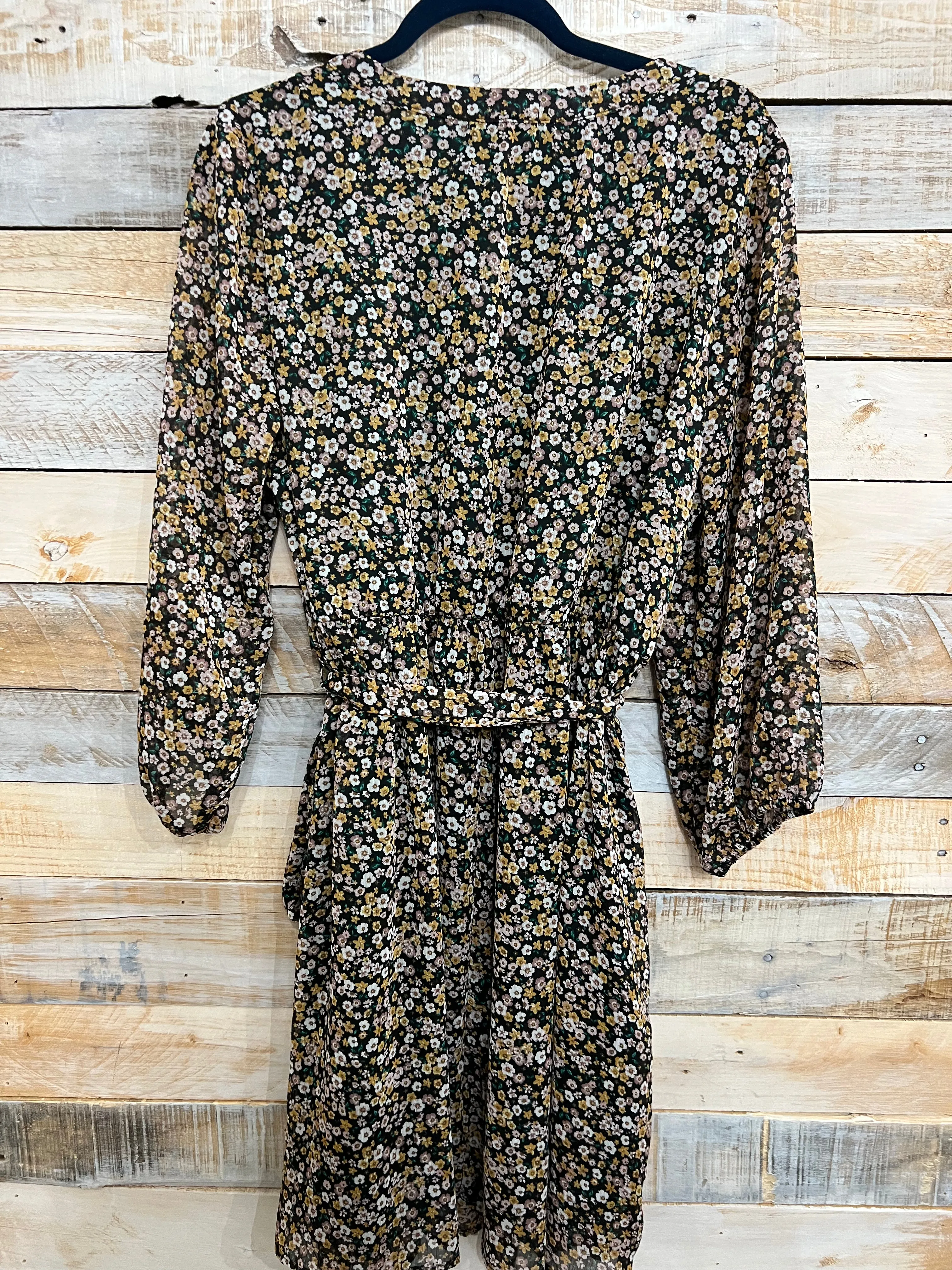 Long Sleeve V Neck Shirring Button Down Dress