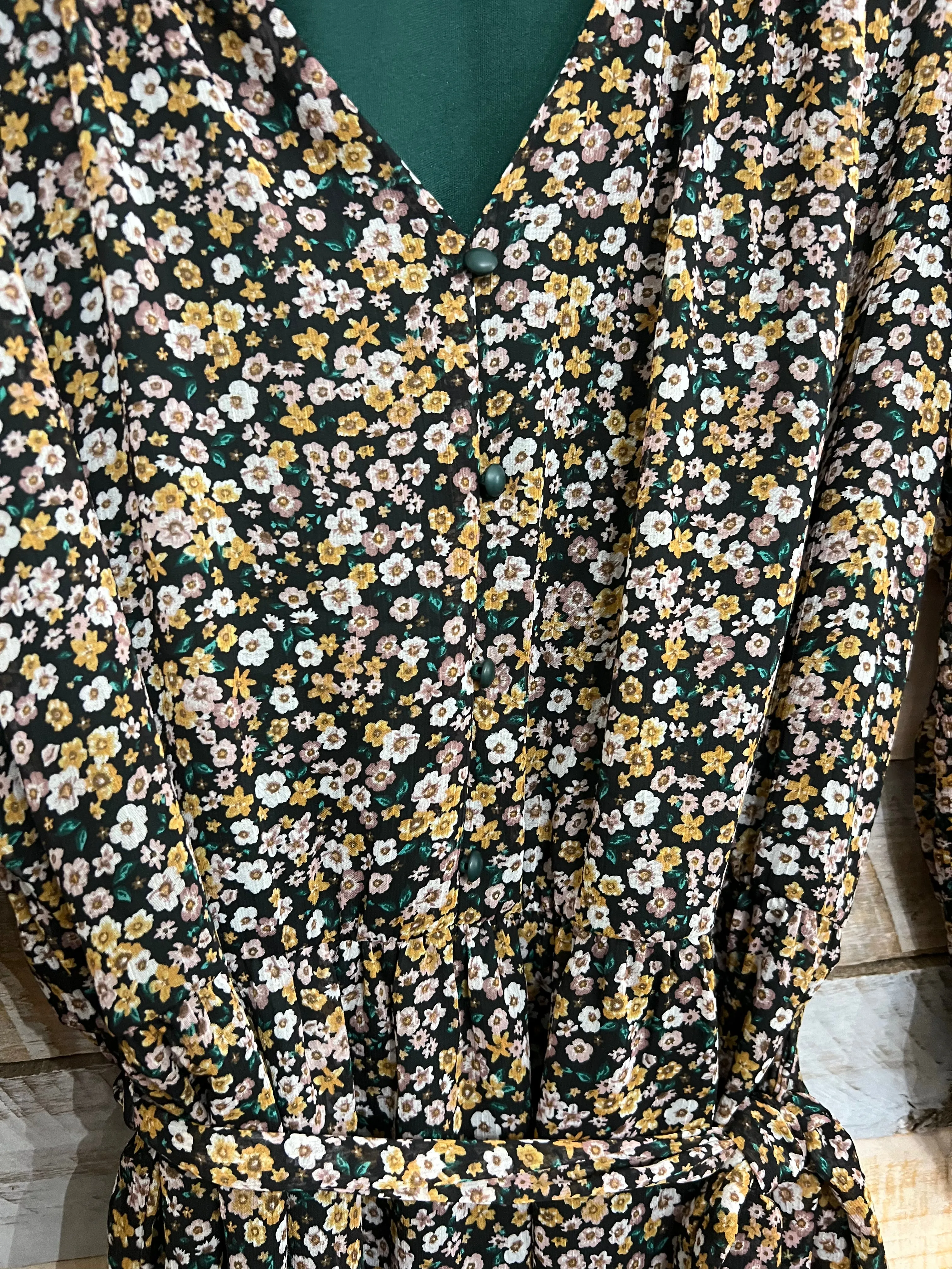 Long Sleeve V Neck Shirring Button Down Dress