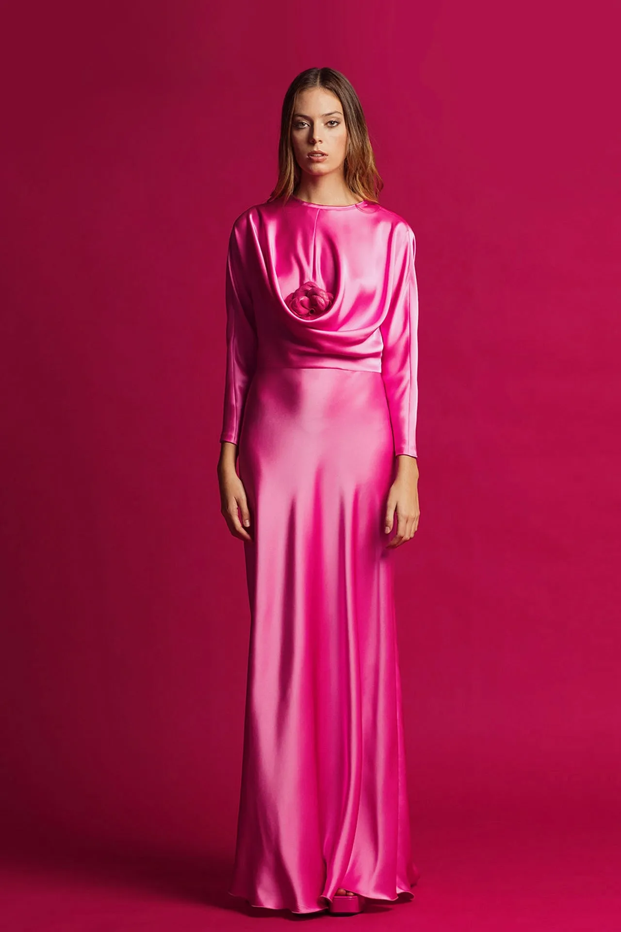 Long-Sleeved Draped Flared Dress