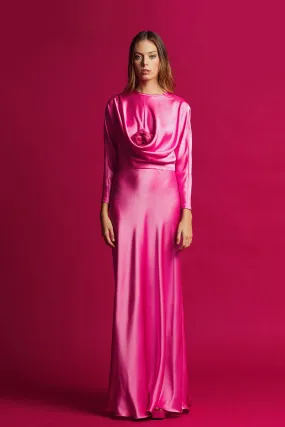 Long-Sleeved Draped Flared Dress