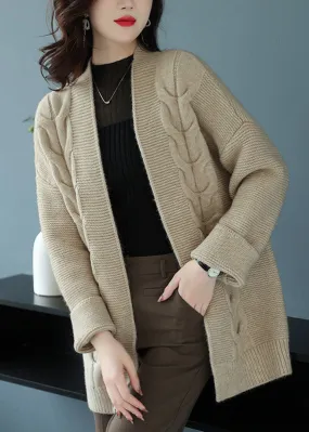 Loose Beige V Neck Patchwork Thick Wool Knit Cardigan Fall LY9144