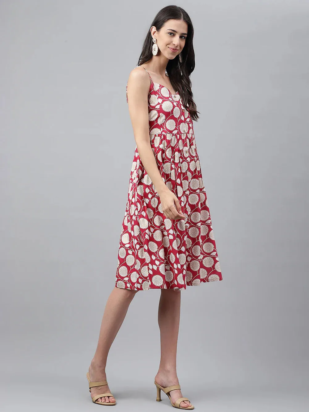 MAGENTA RAYON BOTANICAL PRINTED GATHERED DRESS- VISCOSE