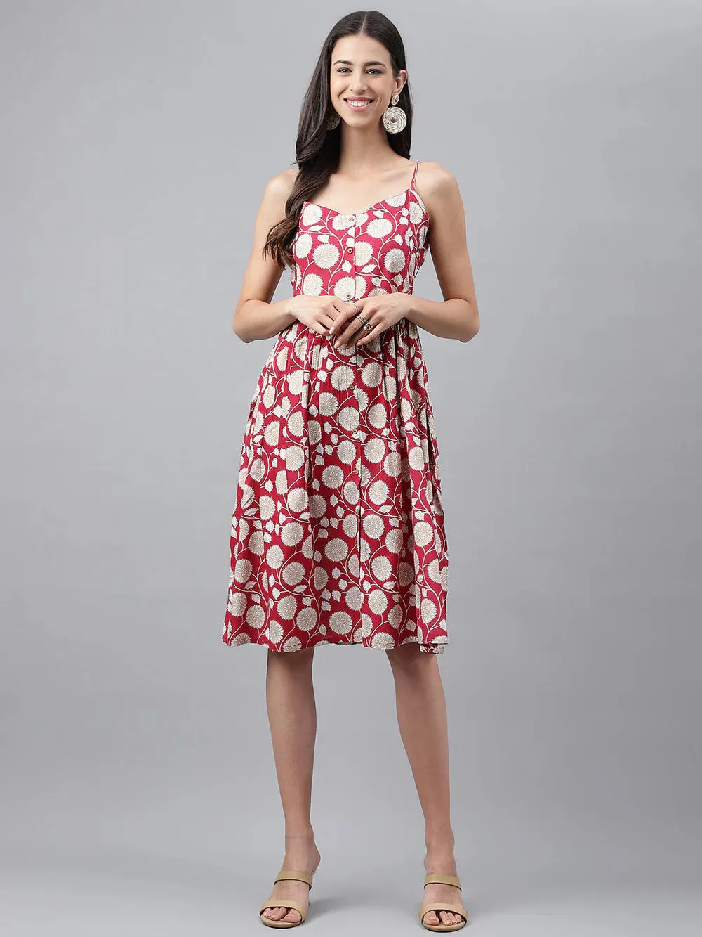 MAGENTA RAYON BOTANICAL PRINTED GATHERED DRESS- VISCOSE