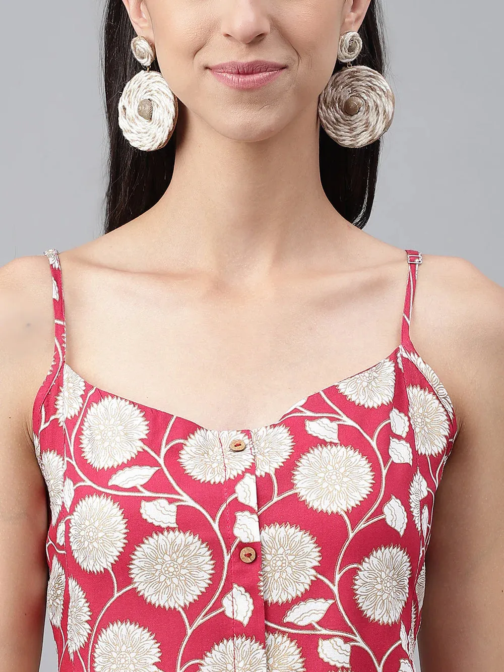 MAGENTA RAYON BOTANICAL PRINTED GATHERED DRESS- VISCOSE